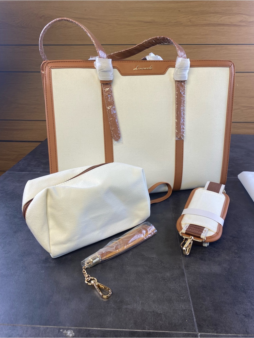 Lovevook Cream Canvas Laptop Tote with Tan Leather Trim and Accessories-NWT